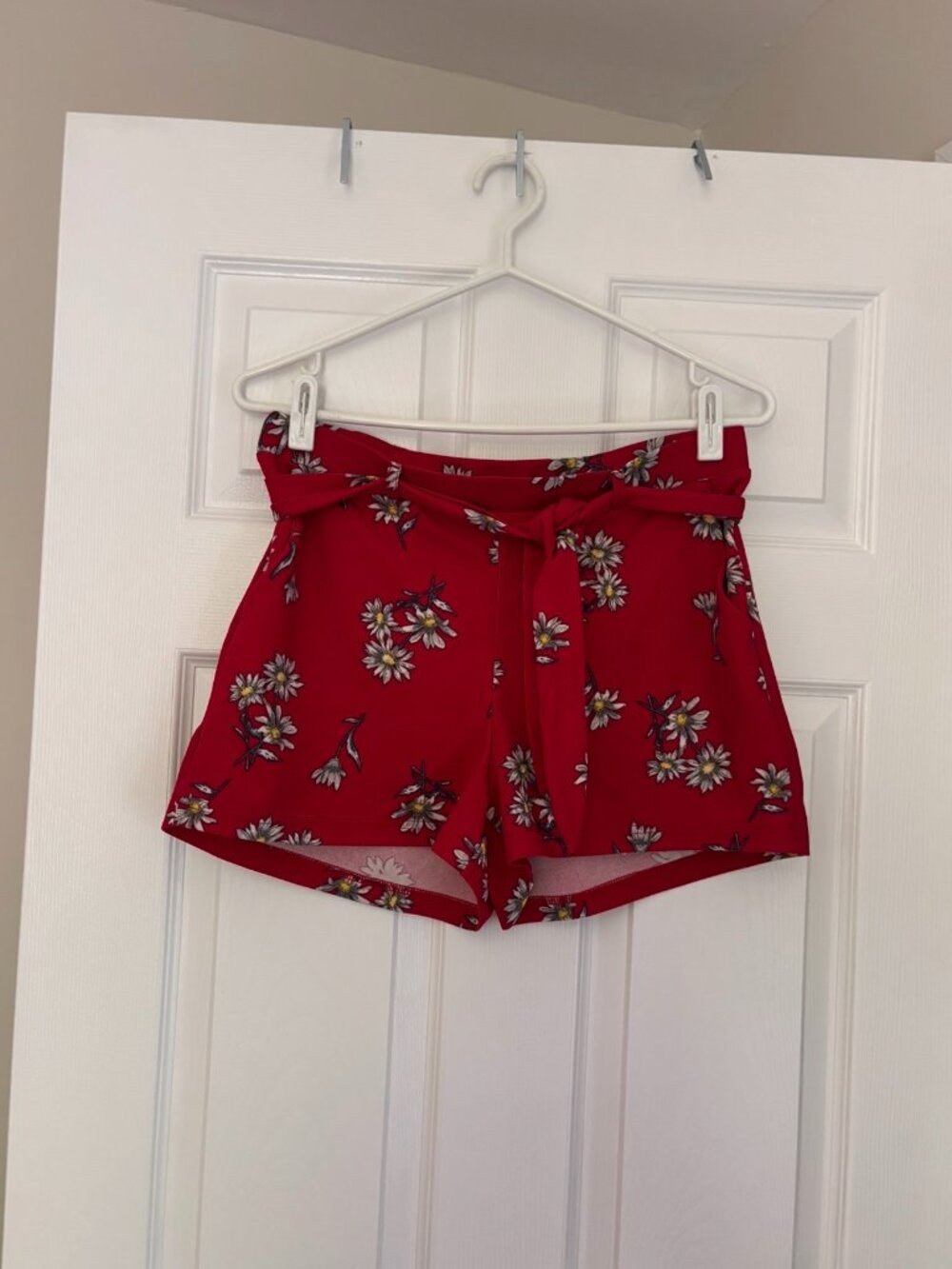 Red Floral Paperbag Waist Shorts / Tie Belt High-Waisted Summer Shorts (Medium)